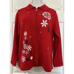 Allison Daley Cardigan Women's M Full Zip Red Christmas Sweater Snow Flakes